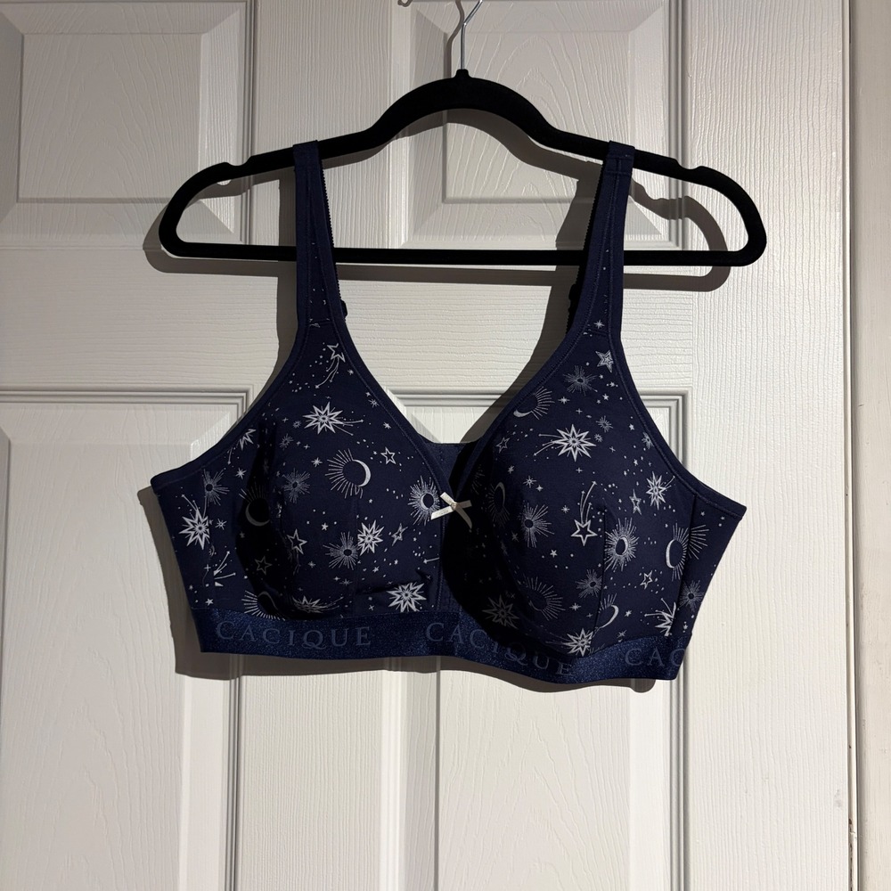 Cacique Navy Celestial Star Moon Print Wireless Lightly Lined Bra Size 40C